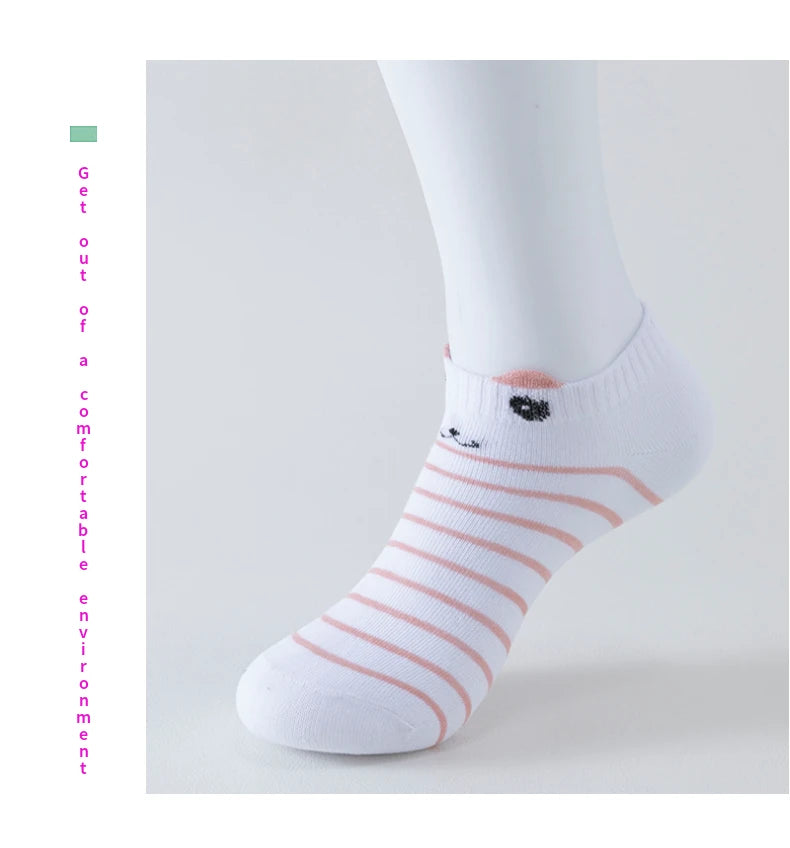 5 Pairs of Women's Cute Pink Cat Short Socks