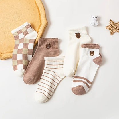 5 Pairs Cute Teddy Bear Ankle Socks for Women