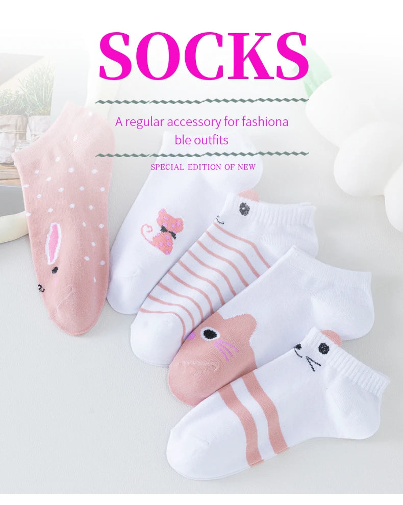 5 Pairs of Women's Cute Pink Cat Short Socks