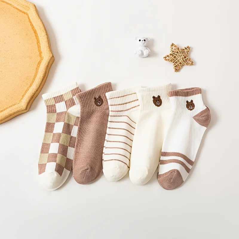 5 Pairs Cute Teddy Bear Ankle Socks for Women