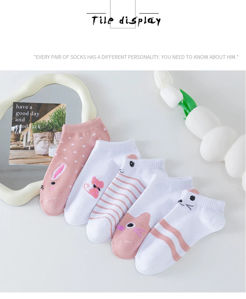 5 Pairs of Women's Cute Pink Cat Short Socks