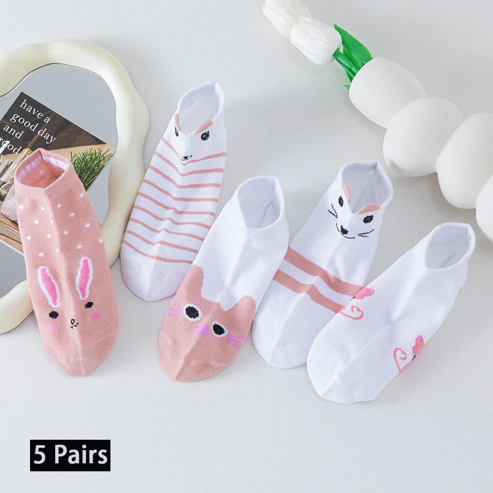 5 Pairs of Women's Cute Pink Cat Short Socks