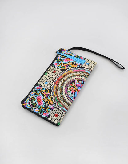 Vintage Ethnic Style Embroidered Long Wallet Wristlet Clutch Bag