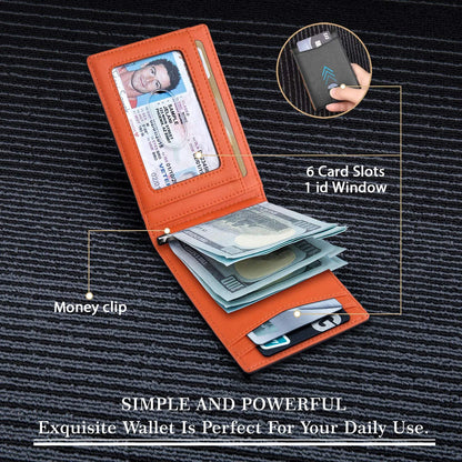 Slim Leather Wallet for Men - RFID Blocking Money Clip