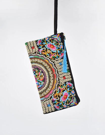 Vintage Ethnic Style Embroidered Long Wallet Wristlet Clutch Bag