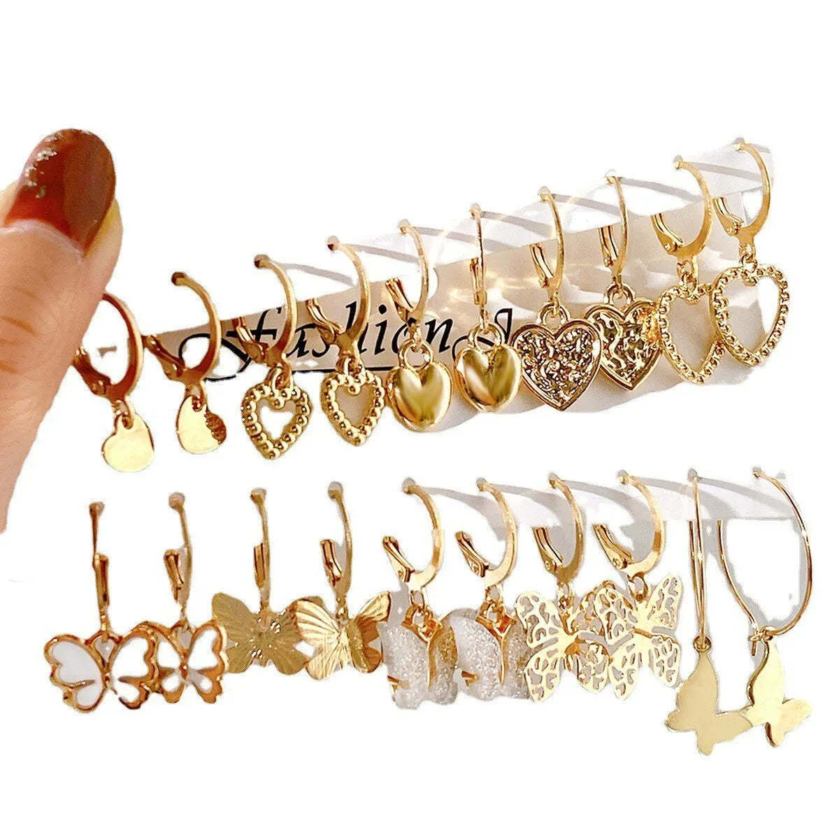 10pcs Women Hollowed-out Butterfly Love Earrings - Gold