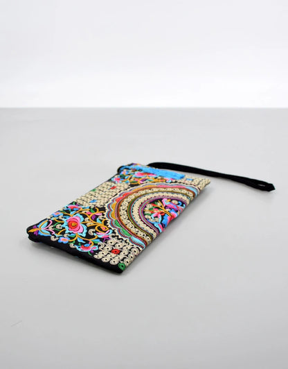 Vintage Ethnic Style Embroidered Long Wallet Wristlet Clutch Bag