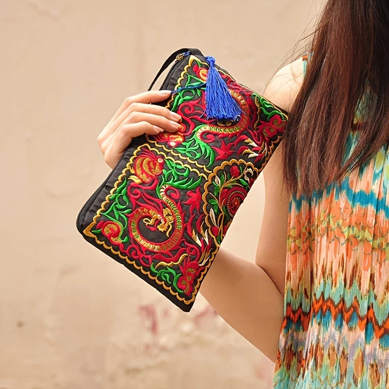 Vintage Ethnic Style Embroidered Long Wallet Wristlet Clutch Bag