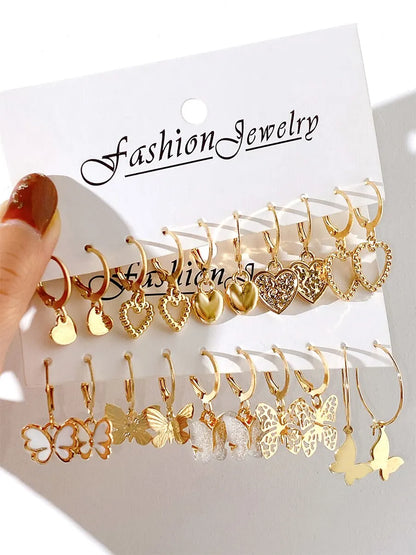 10pcs Women Hollowed-out Butterfly Love Earrings - Gold