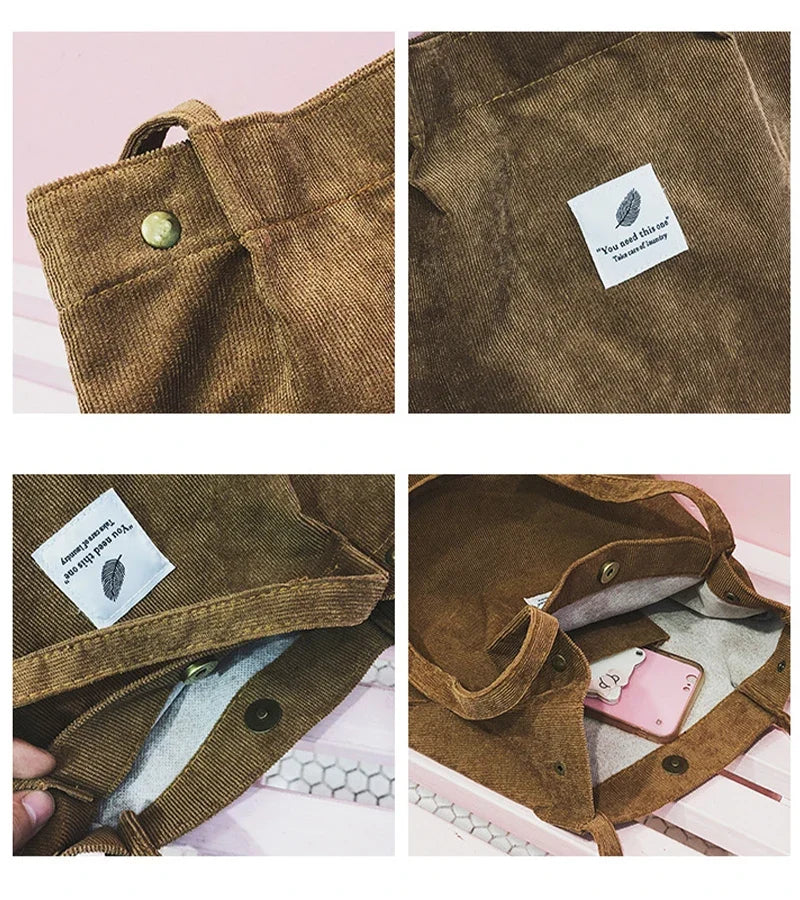 Casual Foldable Corduroy Shopping Bag - Eco-Friendly & Lightweight