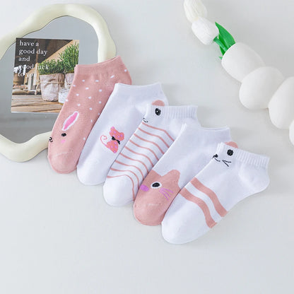 5 Pairs of Women's Cute Pink Cat Short Socks