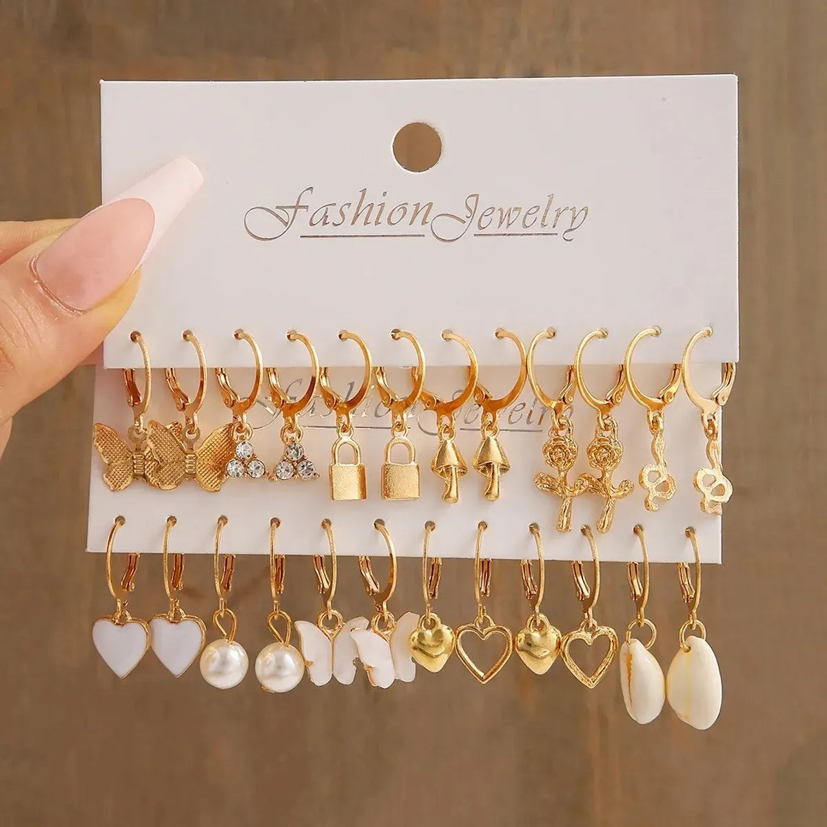 10pcs Women Hollowed-out Butterfly Love Earrings - Gold