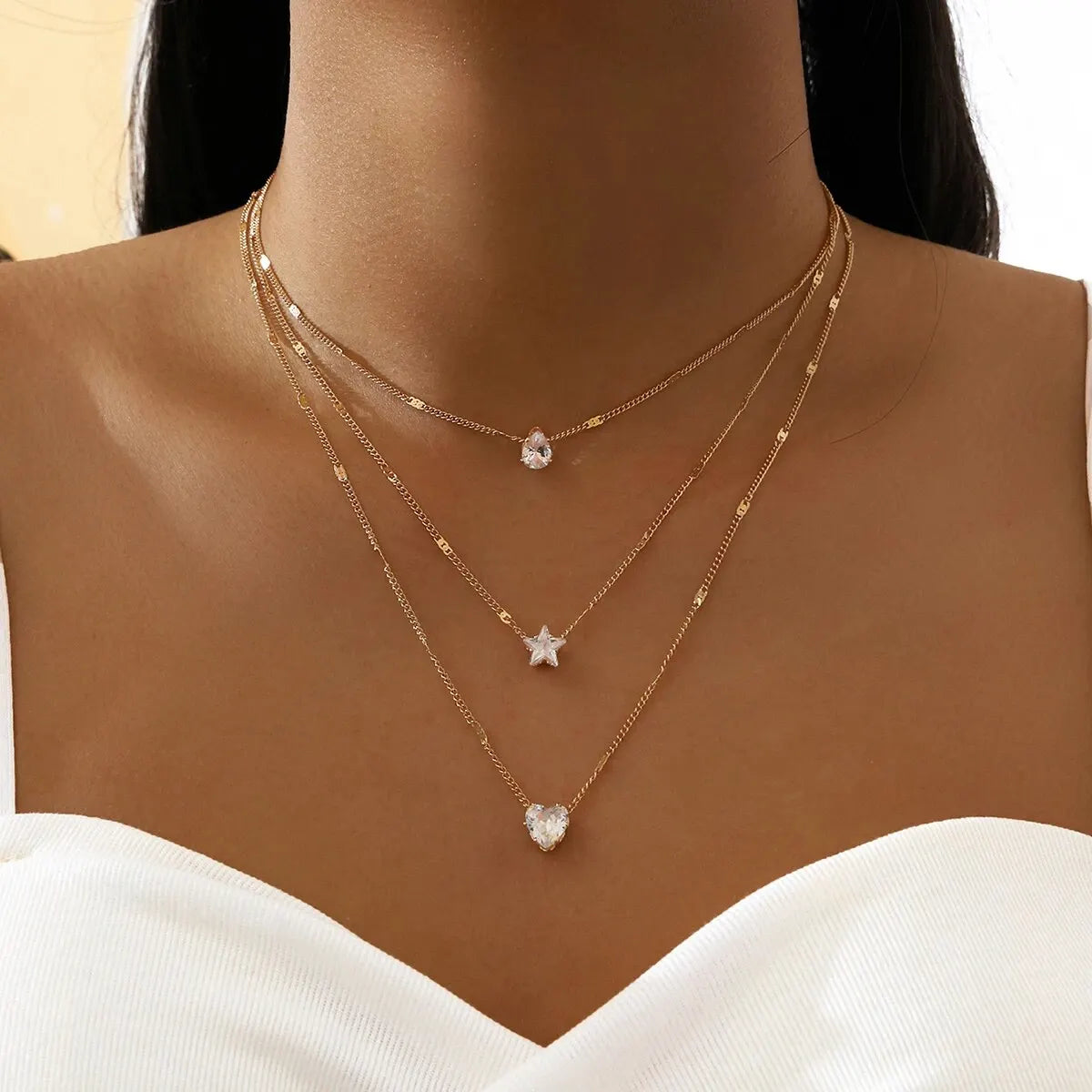 Multi-Layered Water Drop Heart Star Pendant Necklace