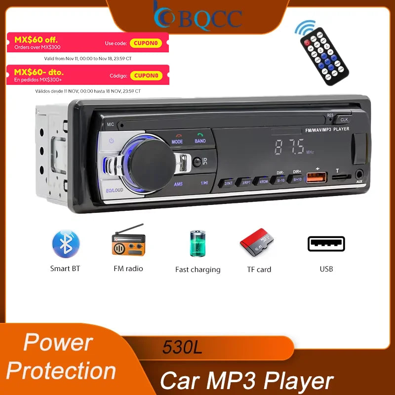 BQCC 530L 1 Din FM Car Radio with Bluetooth and USB