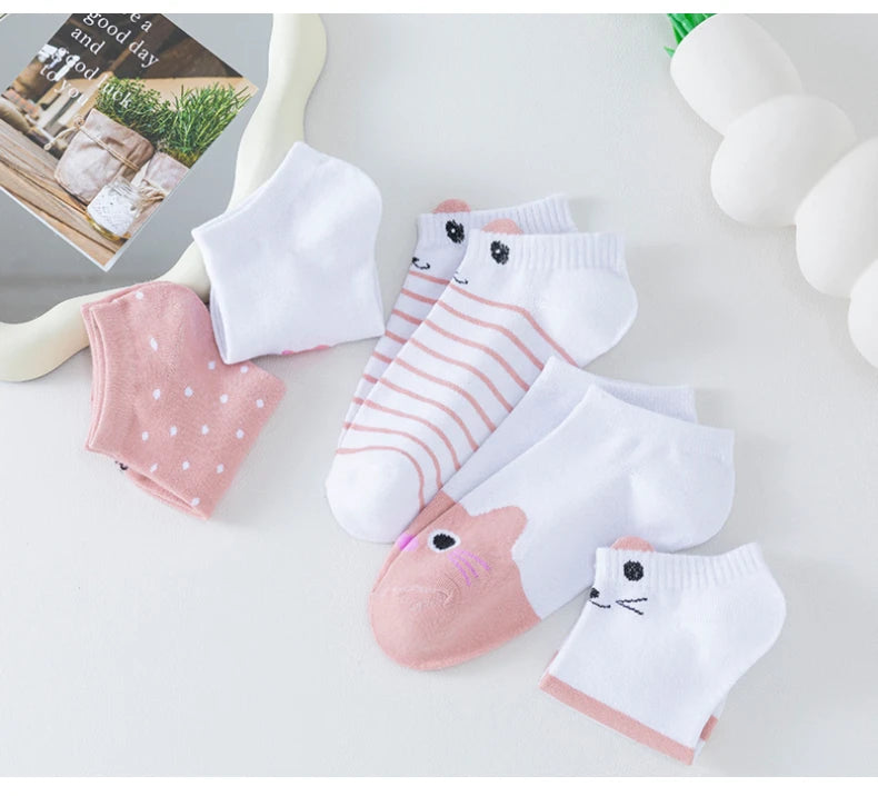 5 Pairs of Women's Cute Pink Cat Short Socks