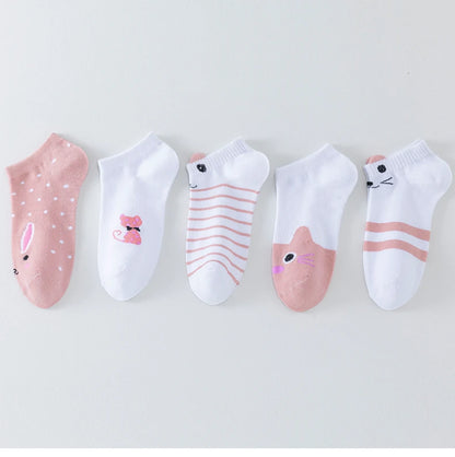 5 Pairs of Women's Cute Pink Cat Short Socks