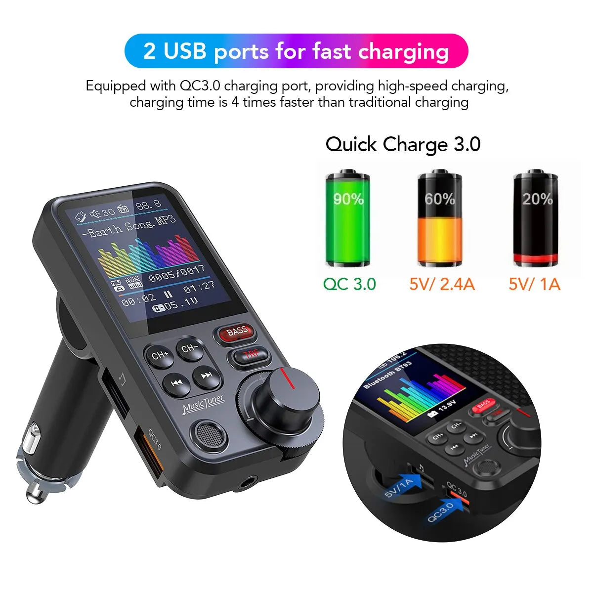 1.8 Inch Wireless Car Bluetooth FM Transmitter with QC3.0