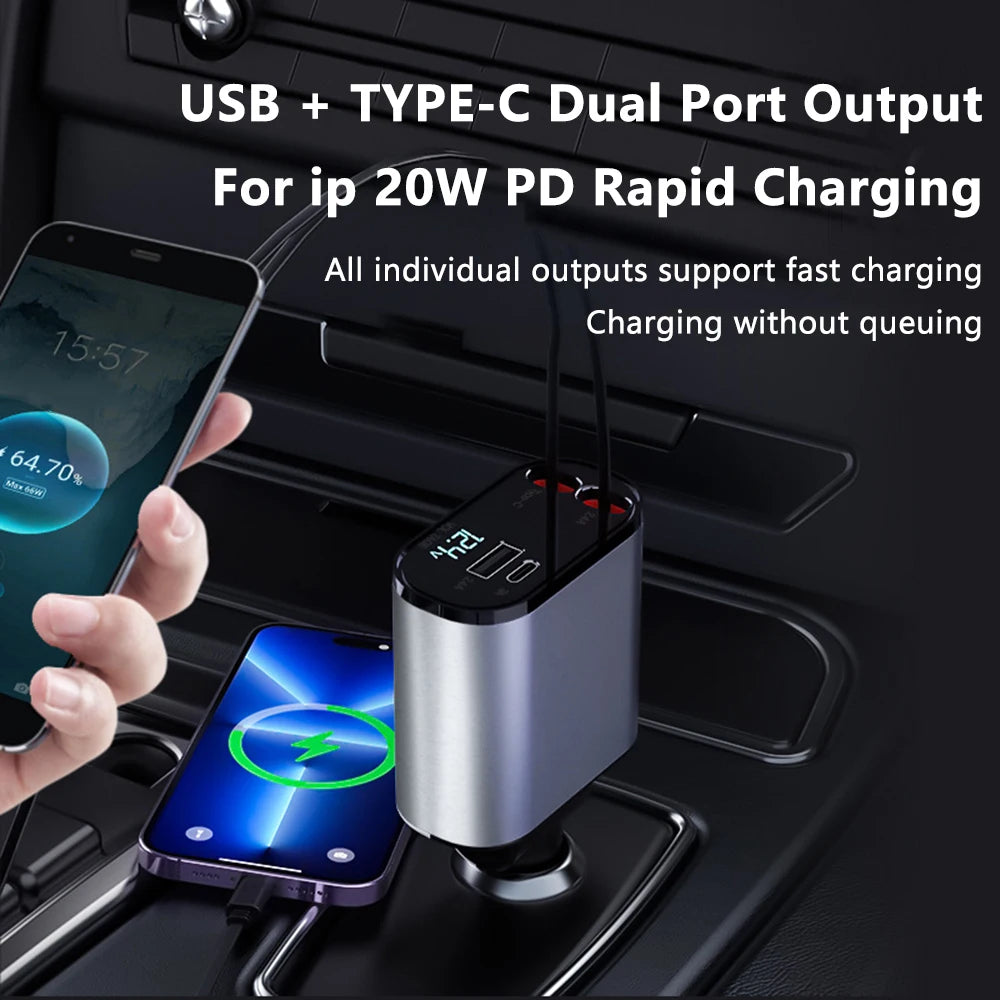 100W 4-in-1 Scalable Car Charger with USB-C Cable