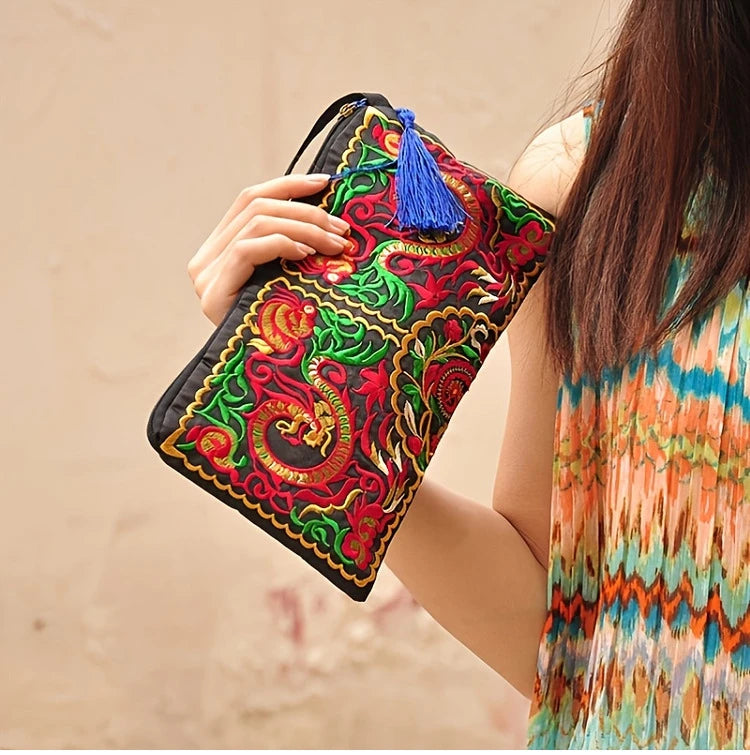 Vintage Ethnic Style Embroidered Long Wallet Wristlet Clutch Bag