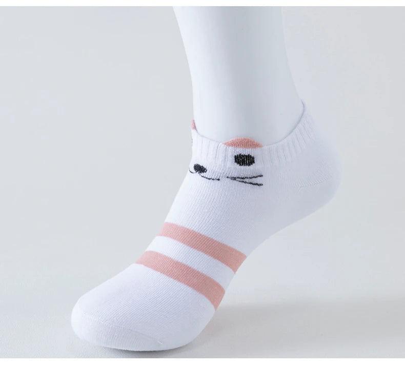 5 Pairs of Women's Cute Pink Cat Short Socks