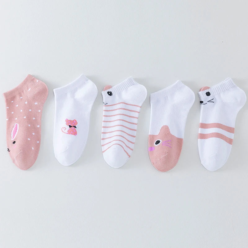 5 Pairs of Women's Cute Pink Cat Short Socks