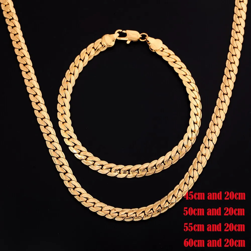 18k Gold Color Silver Chain Jewelry Set for Men & Women