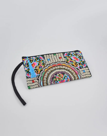 Vintage Ethnic Style Embroidered Long Wallet Wristlet Clutch Bag