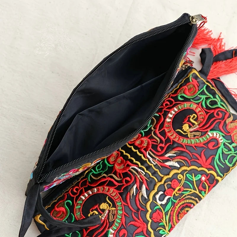 Vintage Ethnic Style Embroidered Long Wallet Wristlet Clutch Bag