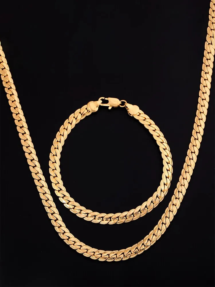 18k Gold Color Silver Chain Jewelry Set for Men & Women