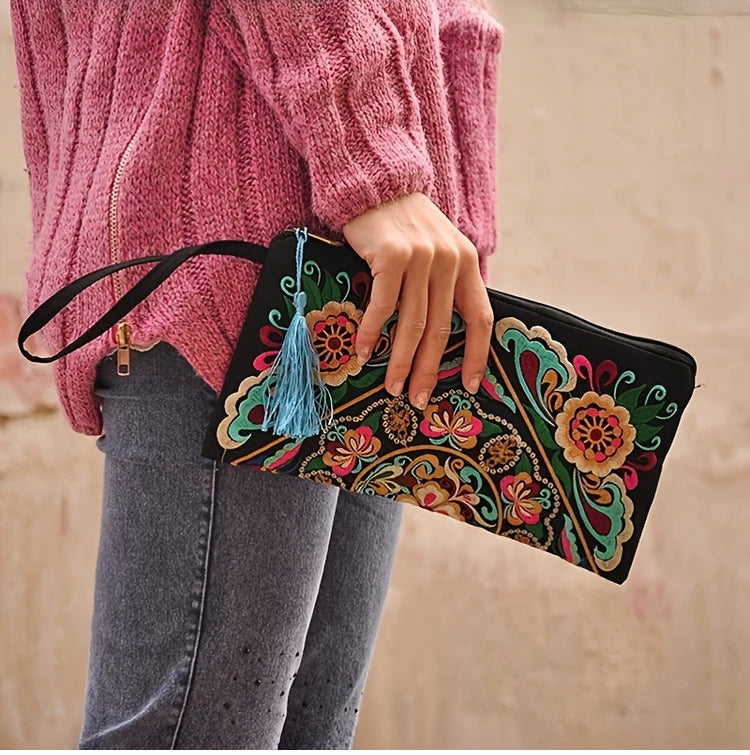 Vintage Ethnic Style Embroidered Long Wallet Wristlet Clutch Bag