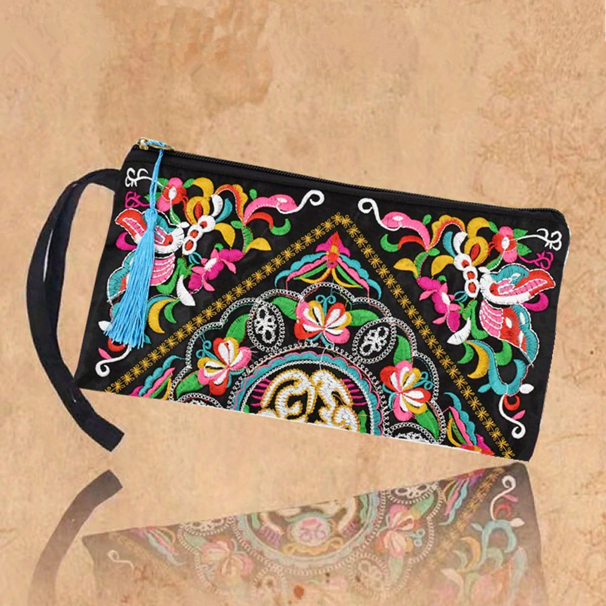 Vintage Ethnic Style Embroidered Long Wallet Wristlet Clutch Bag