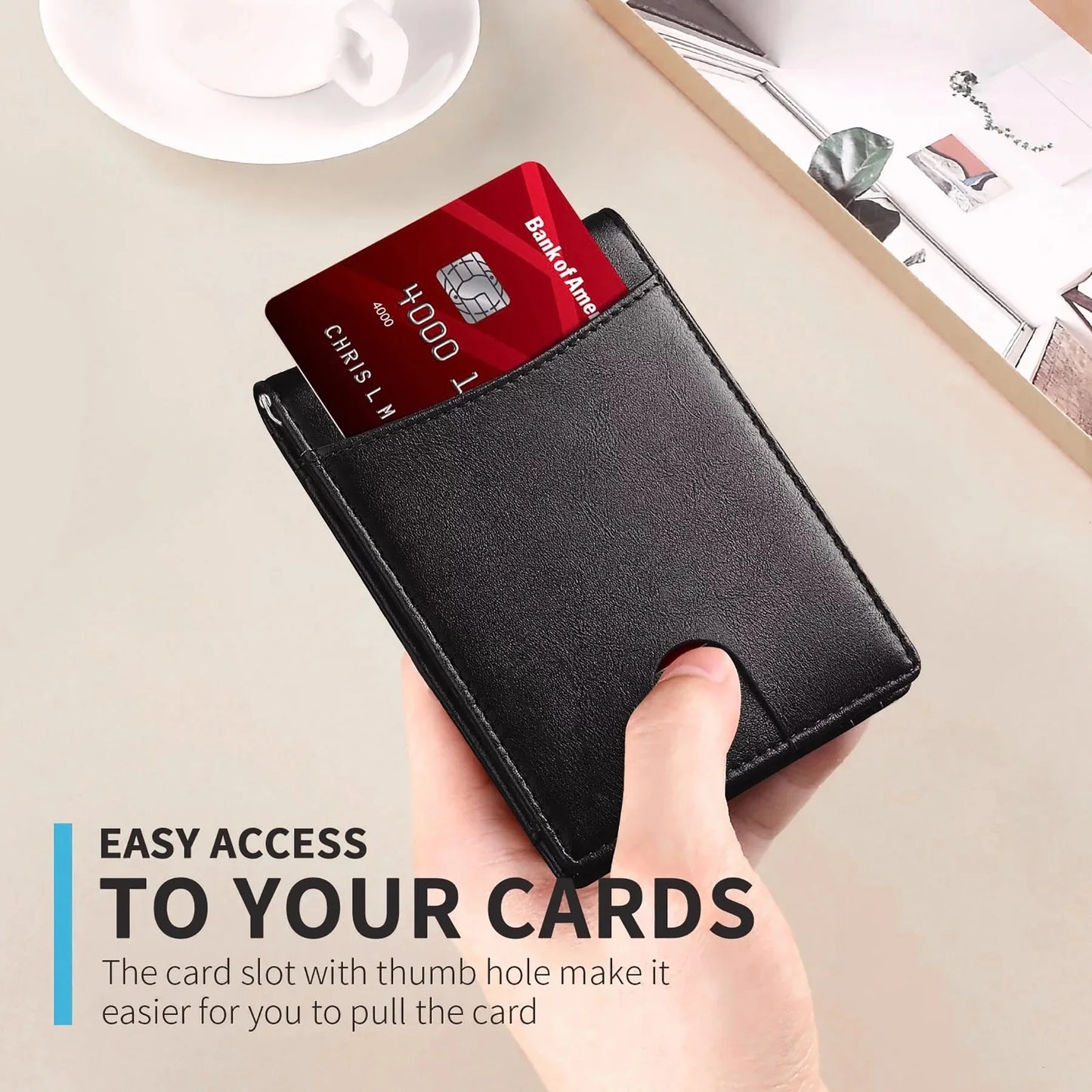 Slim Leather Wallet for Men - RFID Blocking Money Clip