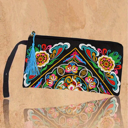 Vintage Ethnic Style Embroidered Long Wallet Wristlet Clutch Bag