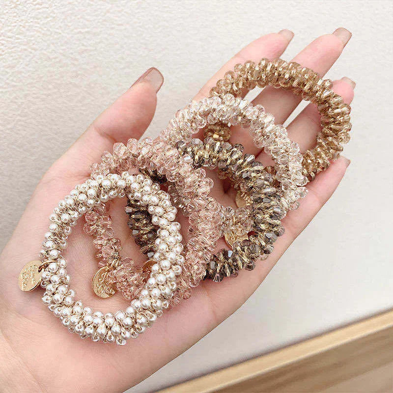 3pcs Crystal Beads Hair Ties with Faux Pearls