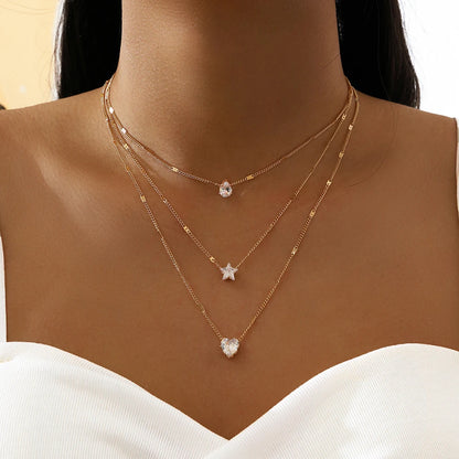 Multi-Layered Water Drop Heart Star Pendant Necklace