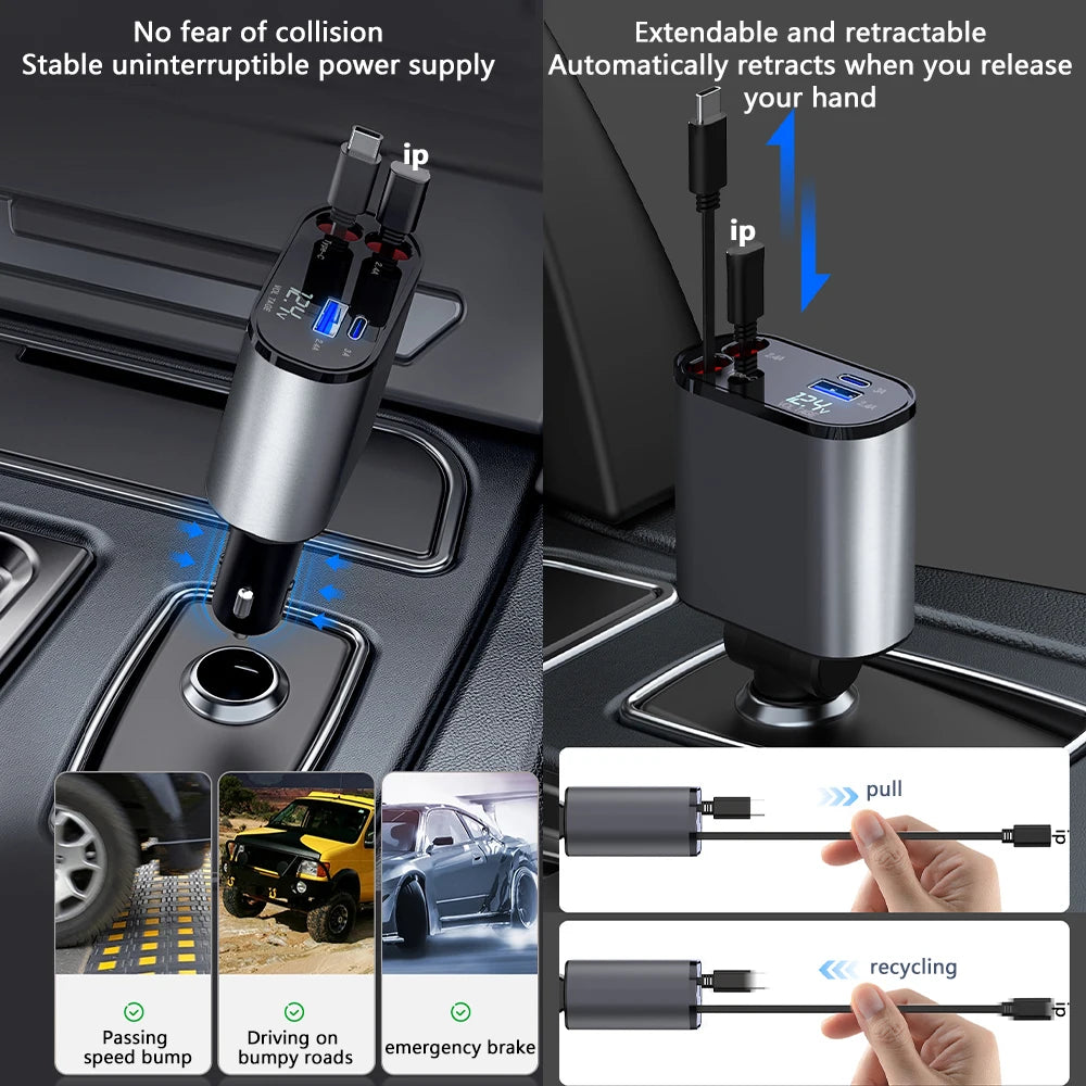 100W 4-in-1 Scalable Car Charger with USB-C Cable