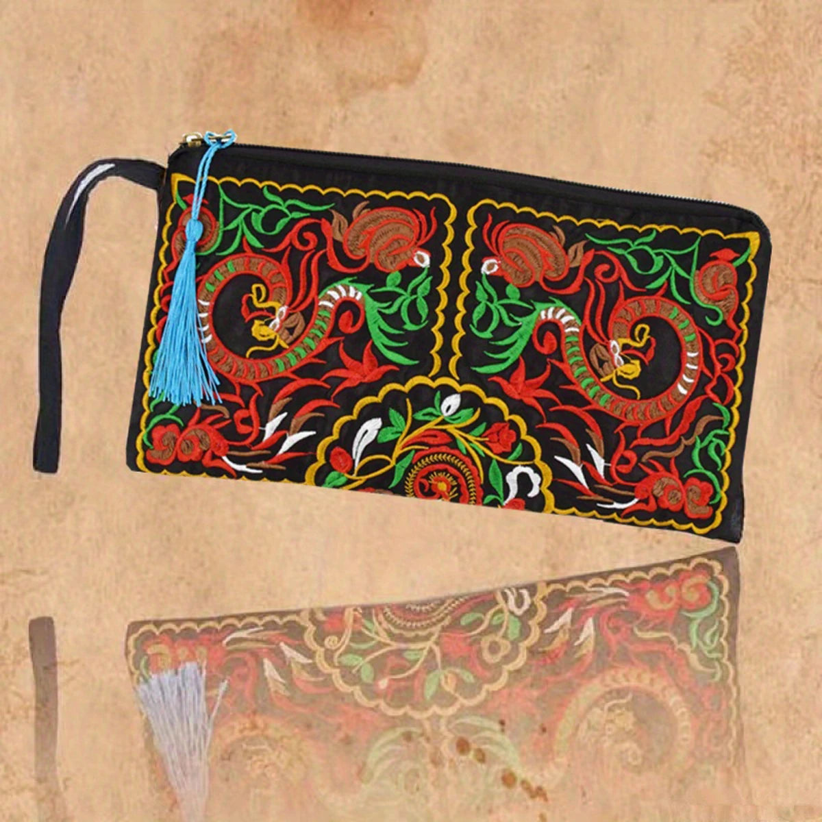 Vintage Ethnic Style Embroidered Long Wallet Wristlet Clutch Bag