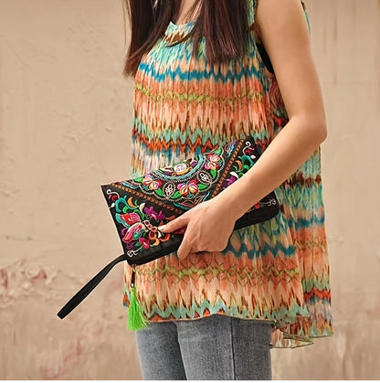 Vintage Ethnic Style Embroidered Long Wallet Wristlet Clutch Bag