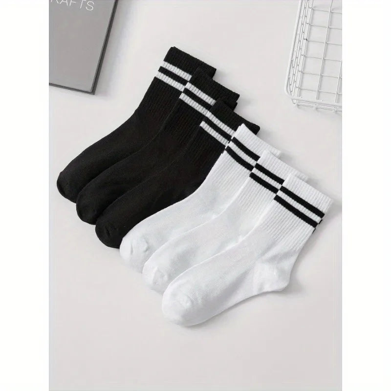 6 Pairs High Tube Mid Length Stockings Set for Men - Black & White