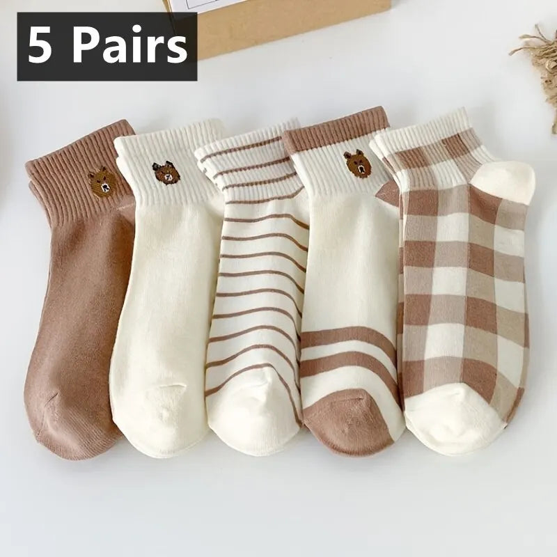 5 Pairs Cute Teddy Bear Ankle Socks for Women