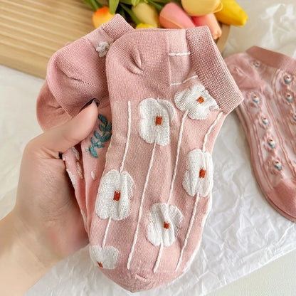 5 Pairs of Kawaii Cute 3D Textured Floral Ankle Socks