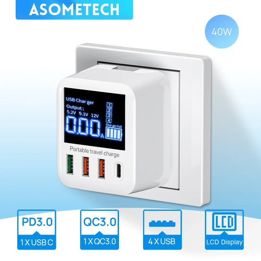 ASOMETECH 40W 4-Port USB Wall Charger with LED Display