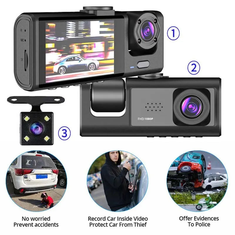 3 Camera Dash Cam with IR Night Vision & 1080P Recording