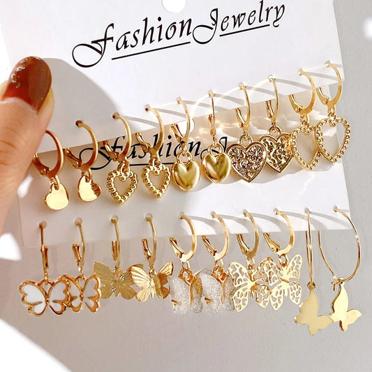 10pcs Women Hollowed-out Butterfly Love Earrings - Gold